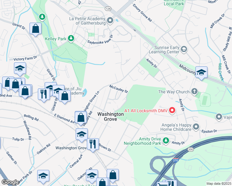 map of restaurants, bars, coffee shops, grocery stores, and more near 413 Grove Avenue in Washington Grove