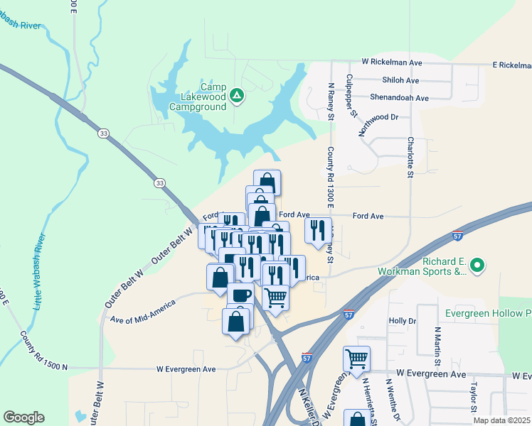 map of restaurants, bars, coffee shops, grocery stores, and more near 1600 Ford Avenue in Effingham