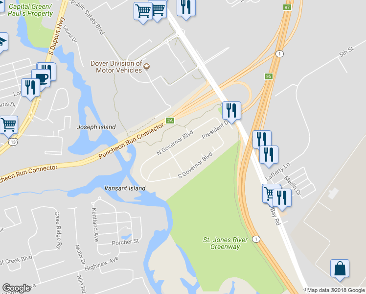 map of restaurants, bars, coffee shops, grocery stores, and more near 161 President Drive in Dover