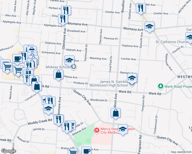 map of restaurants, bars, coffee shops, grocery stores, and more near 3150 Hanna Avenue in Cincinnati