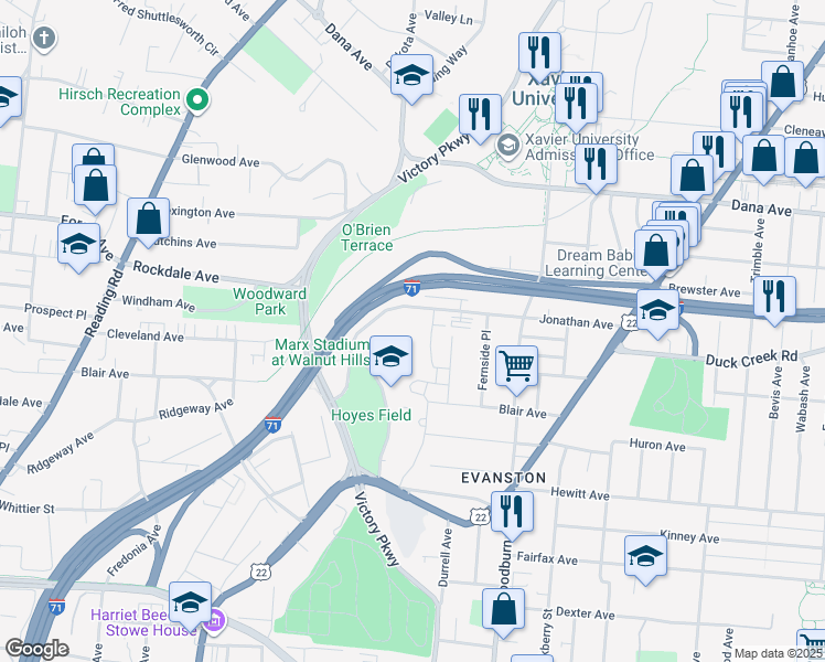 map of restaurants, bars, coffee shops, grocery stores, and more near 1515 Jonathan Avenue in Cincinnati
