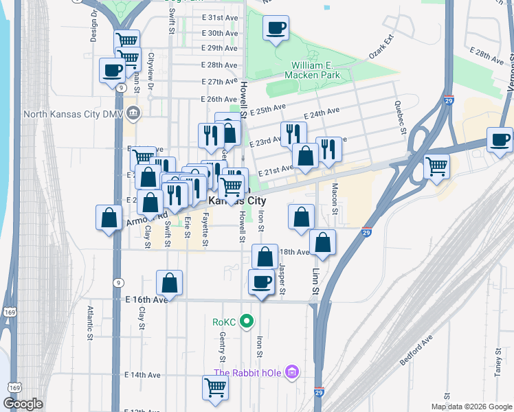 map of restaurants, bars, coffee shops, grocery stores, and more near 715 Armour Road in North Kansas City