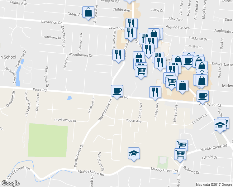 map of restaurants, bars, coffee shops, grocery stores, and more near 5420 Werk Road in Cincinnati