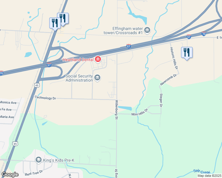 map of restaurants, bars, coffee shops, grocery stores, and more near 2201 Willenborg Street in Effingham