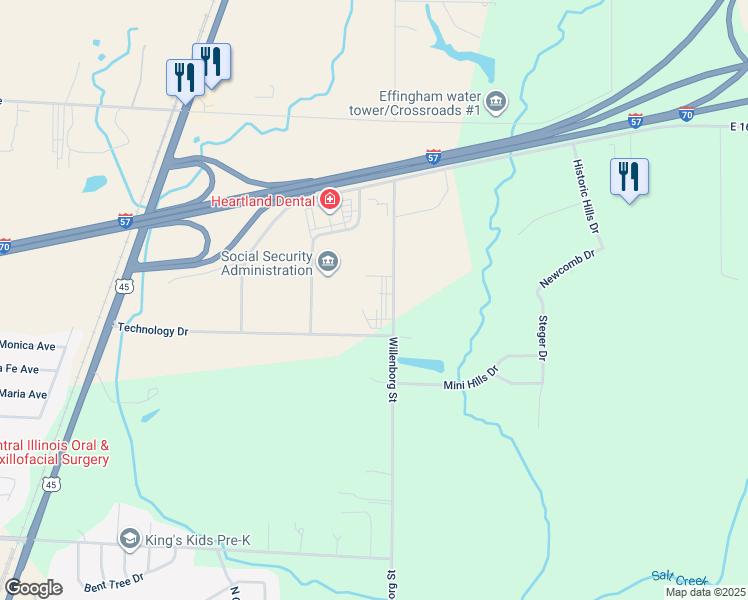 map of restaurants, bars, coffee shops, grocery stores, and more near 2201 Willenborg Street in Effingham