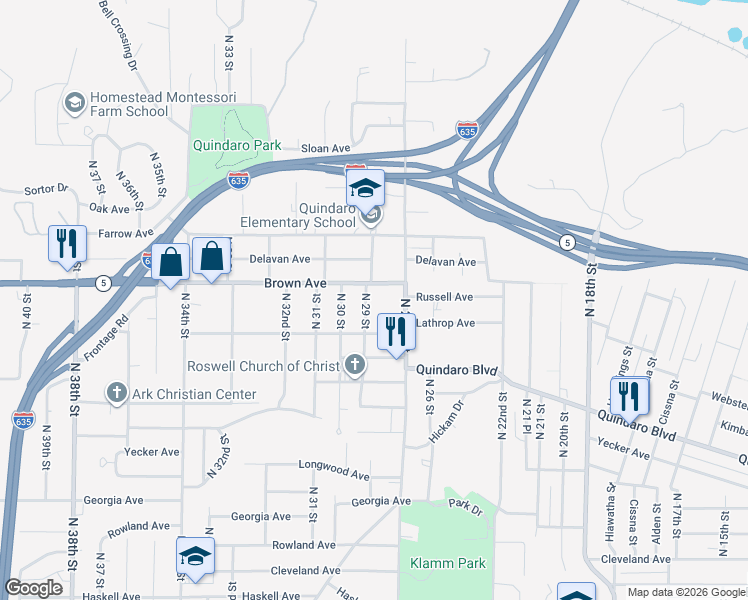 map of restaurants, bars, coffee shops, grocery stores, and more near 3063 North 29 Street in Kansas City