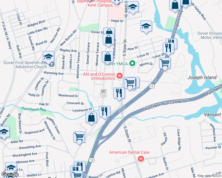 map of restaurants, bars, coffee shops, grocery stores, and more near 1025 South Governors Avenue in Dover