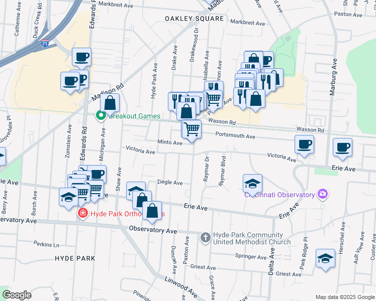 map of restaurants, bars, coffee shops, grocery stores, and more near in Cincinnati