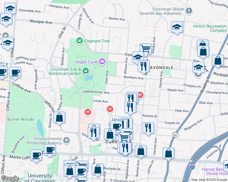 map of restaurants, bars, coffee shops, grocery stores, and more near 240 Erkenbrecher Avenue in Cincinnati