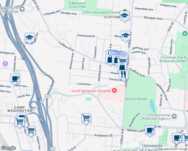 map of restaurants, bars, coffee shops, grocery stores, and more near 520 Terrace Avenue in Cincinnati