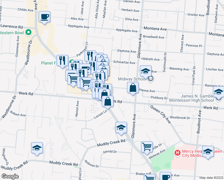map of restaurants, bars, coffee shops, grocery stores, and more near 3371 Hanna Avenue in Cincinnati
