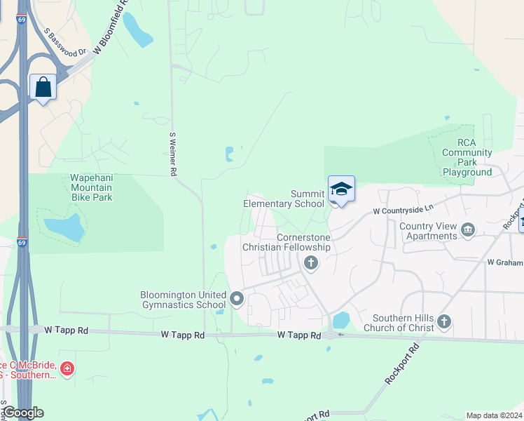 map of restaurants, bars, coffee shops, grocery stores, and more near 1900 South Weimer Road in Bloomington