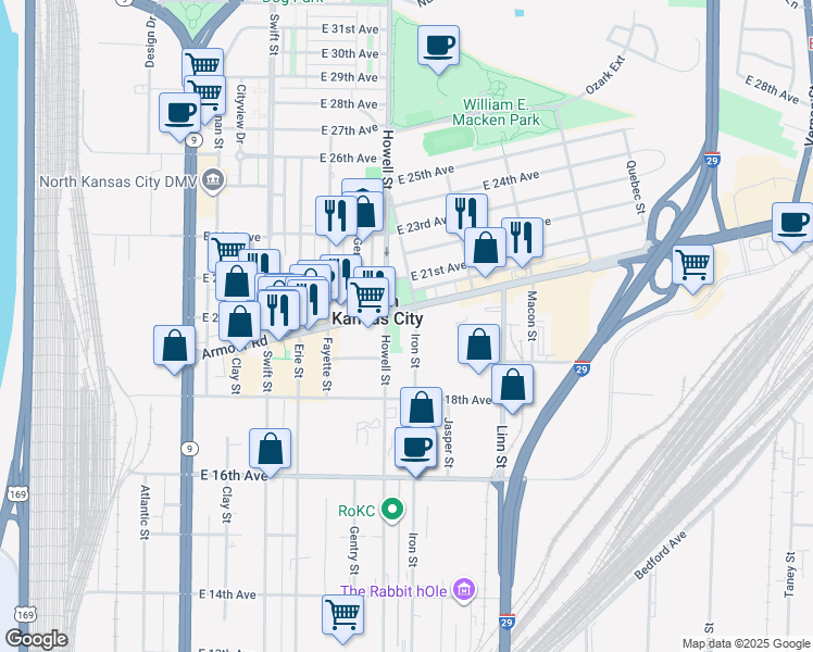 map of restaurants, bars, coffee shops, grocery stores, and more near 715 Armour Road in North Kansas City