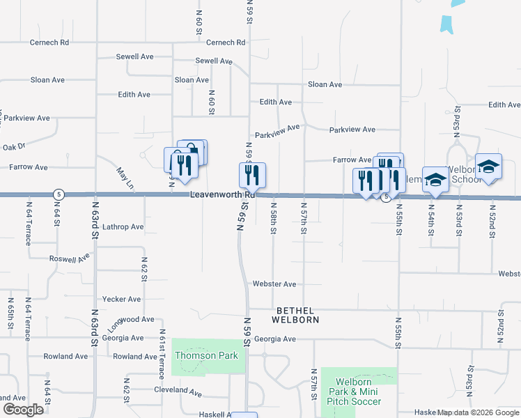 map of restaurants, bars, coffee shops, grocery stores, and more near 3052 North 58th Street in Kansas City