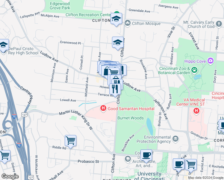 map of restaurants, bars, coffee shops, grocery stores, and more near 317 Howell Avenue in Cincinnati