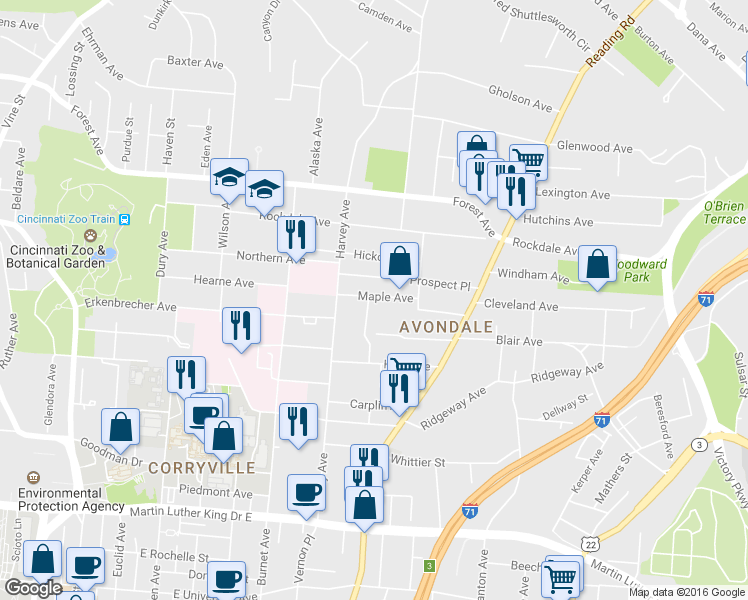map of restaurants, bars, coffee shops, grocery stores, and more near 3468 Hallwood Place in Cincinnati