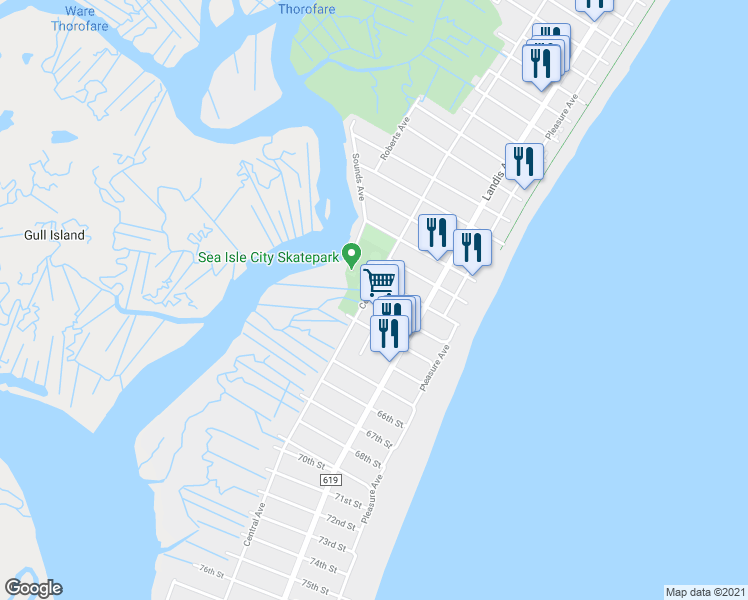 map of restaurants, bars, coffee shops, grocery stores, and more near 6109 Central Avenue in Sea Isle City