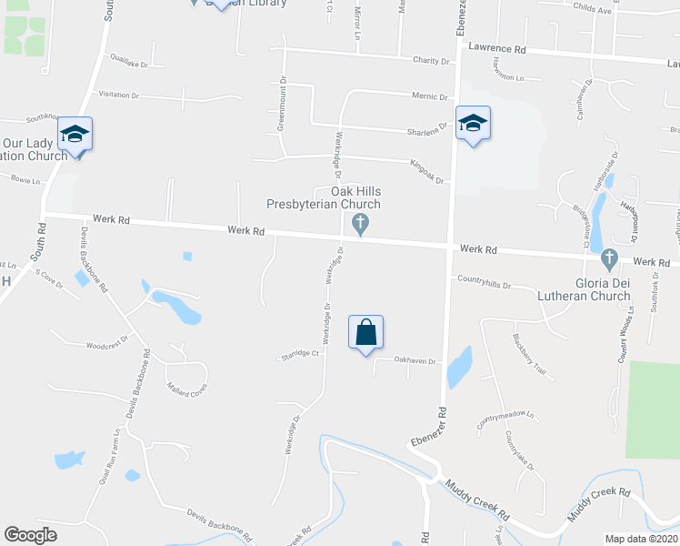 map of restaurants, bars, coffee shops, grocery stores, and more near 3068 Werkridge Drive in Cincinnati