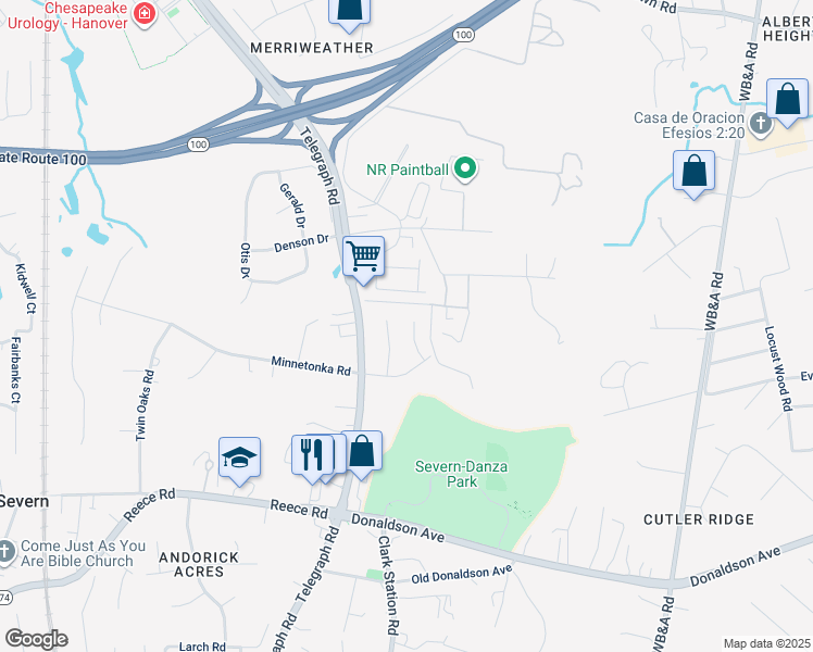 map of restaurants, bars, coffee shops, grocery stores, and more near 7790 Gabriel Garth Court in Severn