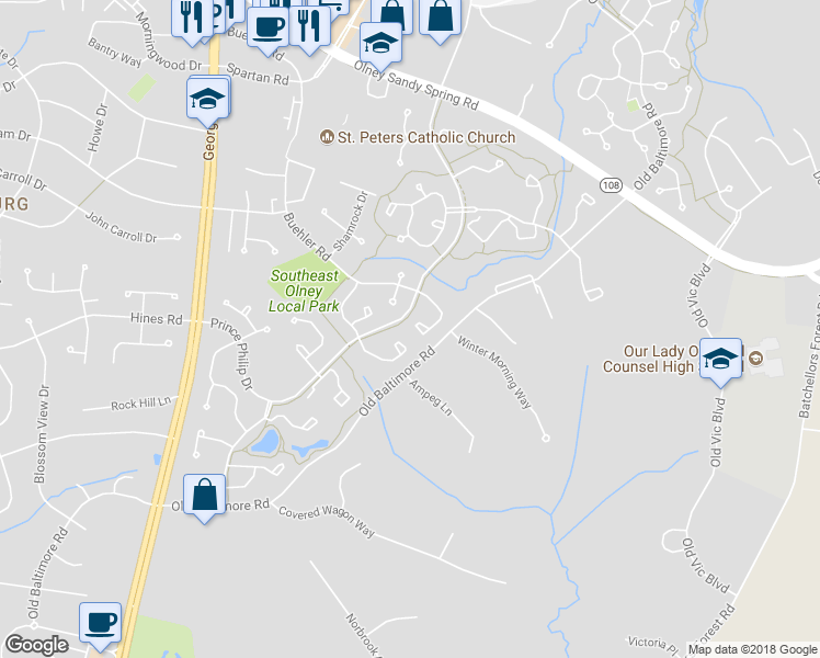 map of restaurants, bars, coffee shops, grocery stores, and more near 17303 Buehler Road in Olney