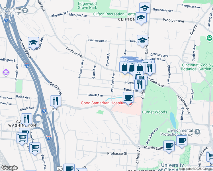 map of restaurants, bars, coffee shops, grocery stores, and more near 520 Terrace Avenue in Cincinnati