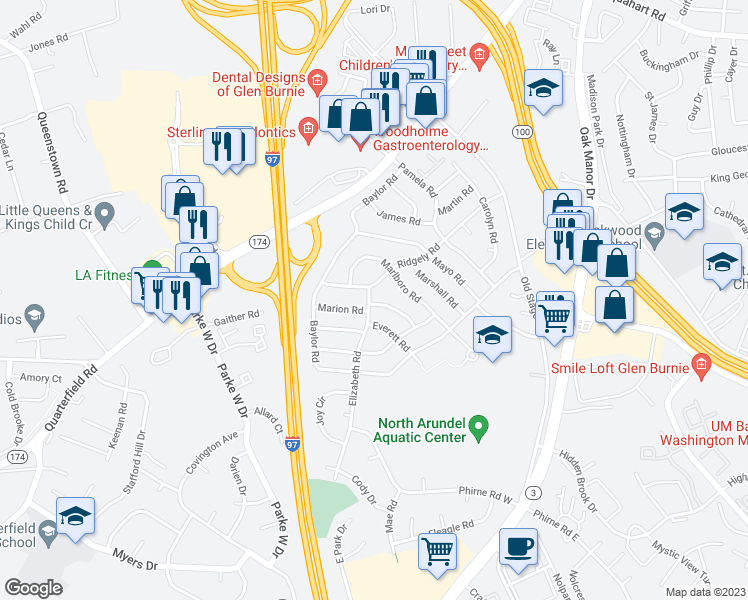 map of restaurants, bars, coffee shops, grocery stores, and more near 617 Elizabeth Road in Glen Burnie