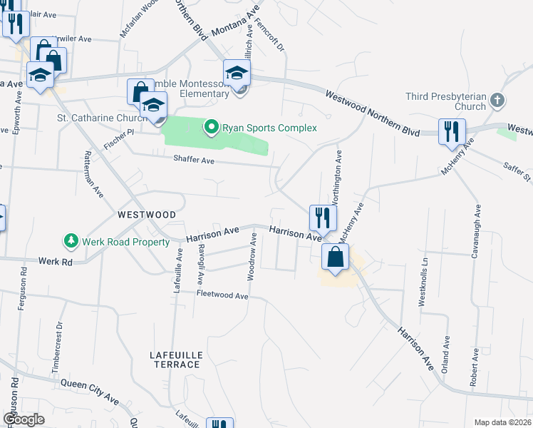 map of restaurants, bars, coffee shops, grocery stores, and more near 2570 Harrison Avenue in Cincinnati