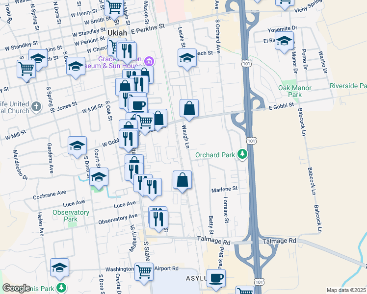 map of restaurants, bars, coffee shops, grocery stores, and more near 754 Waugh Lane in Ukiah