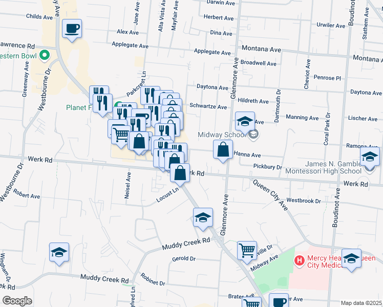 map of restaurants, bars, coffee shops, grocery stores, and more near 3371 Hanna Avenue in Cincinnati