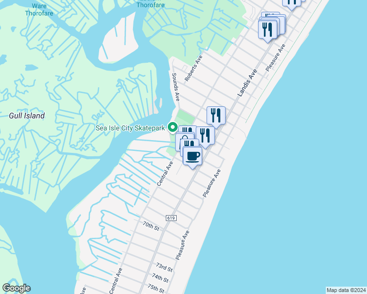 map of restaurants, bars, coffee shops, grocery stores, and more near 6109 Central Avenue in Sea Isle City