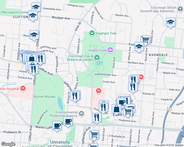 map of restaurants, bars, coffee shops, grocery stores, and more near 3400 Vine Street in Cincinnati