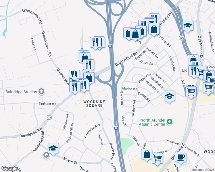 map of restaurants, bars, coffee shops, grocery stores, and more near 399 Gaither Road in Severn