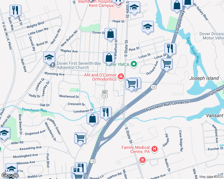 map of restaurants, bars, coffee shops, grocery stores, and more near 1128 South Bradford Street in Dover
