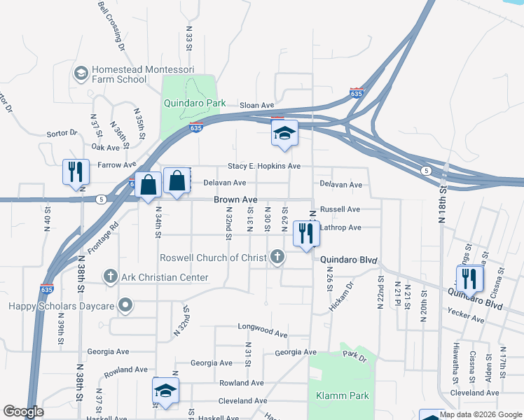 map of restaurants, bars, coffee shops, grocery stores, and more near 3078 North 30 Street in Kansas City