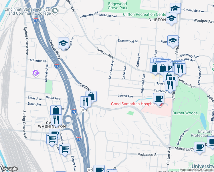 map of restaurants, bars, coffee shops, grocery stores, and more near 3301 Morrison Avenue in Cincinnati