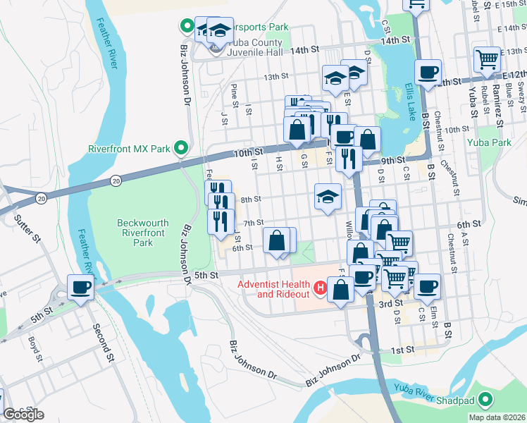 map of restaurants, bars, coffee shops, grocery stores, and more near 719 Pine Street in Marysville
