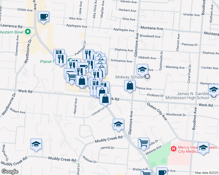 map of restaurants, bars, coffee shops, grocery stores, and more near 3371 Hanna Avenue in Cincinnati