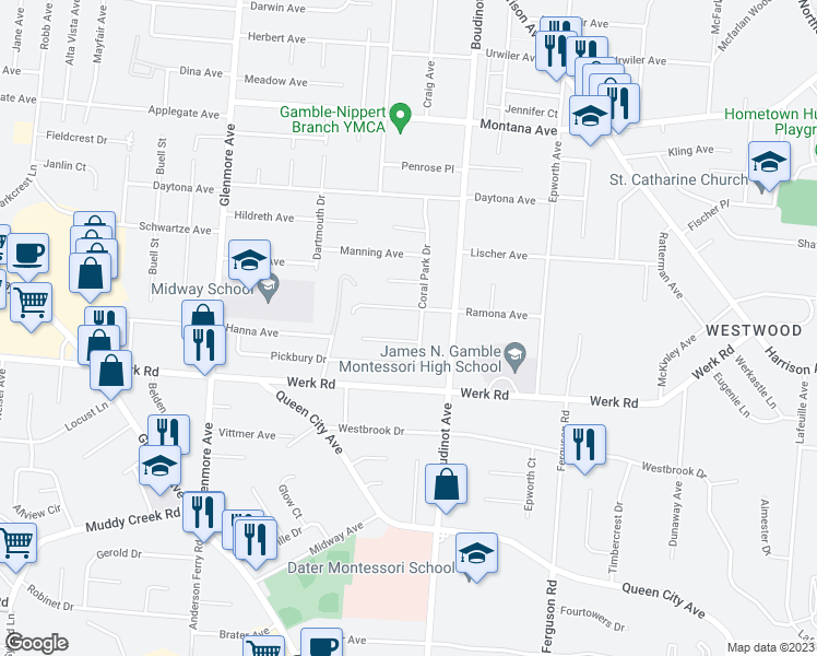 map of restaurants, bars, coffee shops, grocery stores, and more near 3053 Coral Park Drive in Cincinnati