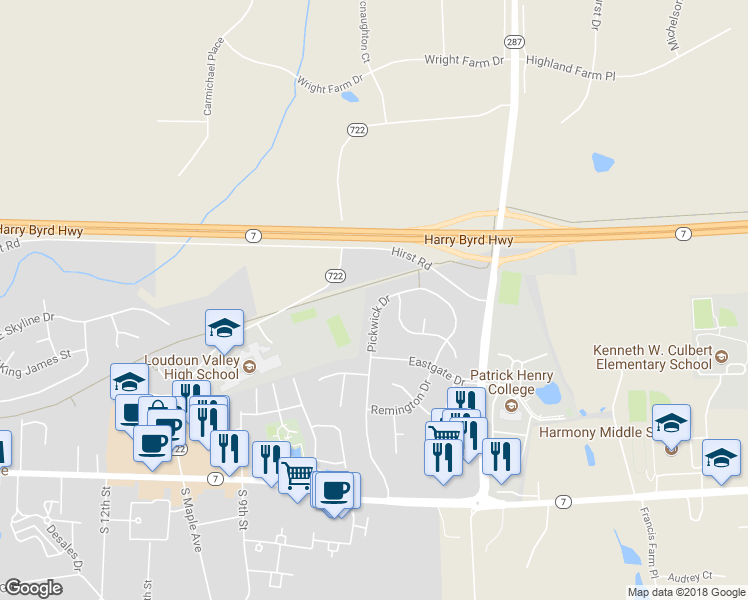 map of restaurants, bars, coffee shops, grocery stores, and more near 17229 Pickwick Drive in Purcellville