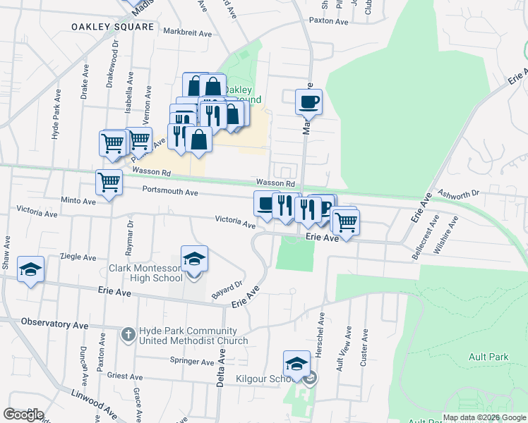 map of restaurants, bars, coffee shops, grocery stores, and more near 3616 Victoria Lane in Cincinnati