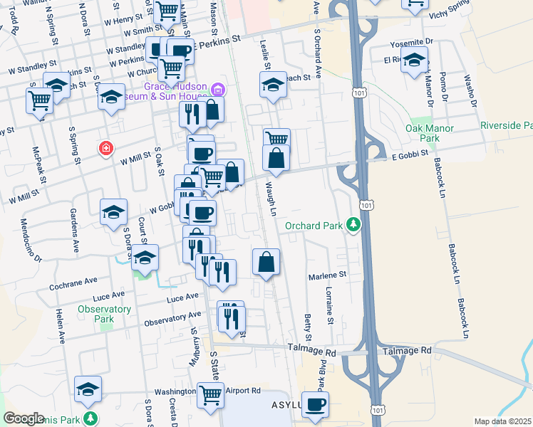 map of restaurants, bars, coffee shops, grocery stores, and more near 754 Waugh Lane in Ukiah
