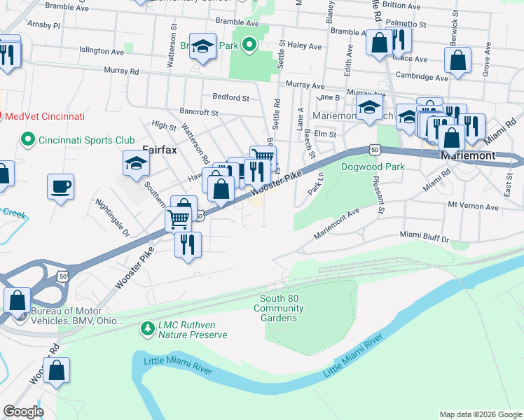 map of restaurants, bars, coffee shops, grocery stores, and more near 6219 Wooster Pike in Cincinnati