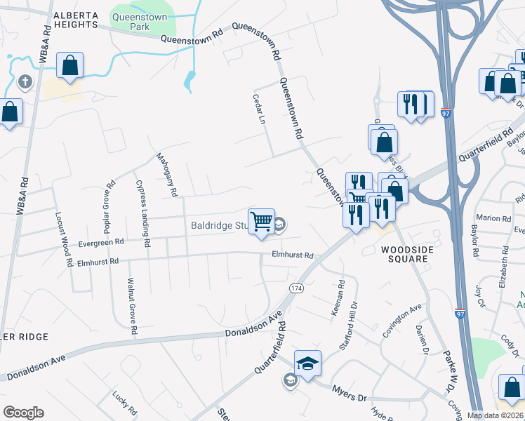 map of restaurants, bars, coffee shops, grocery stores, and more near 713 Rosewood Road in Severn