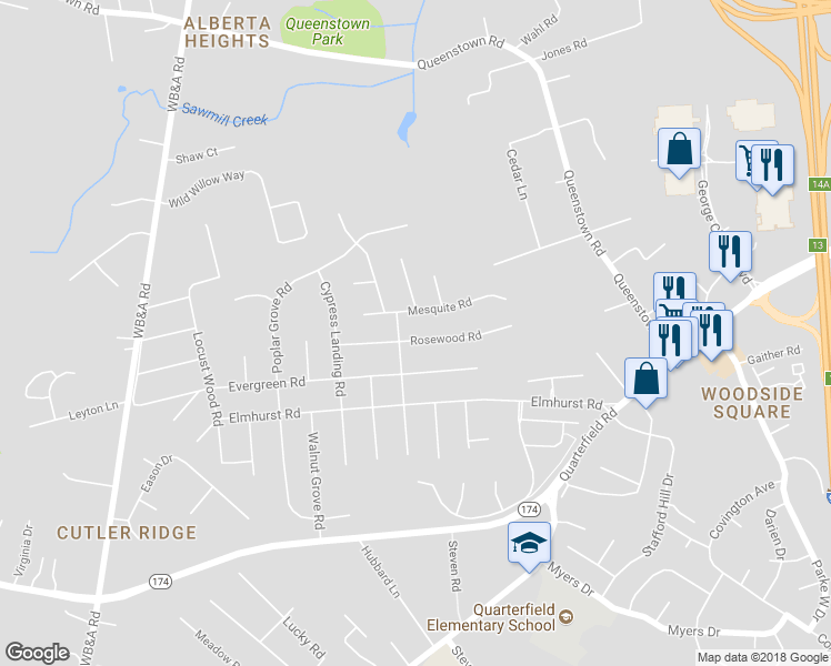 map of restaurants, bars, coffee shops, grocery stores, and more near 742 Rosewood Road in Severn