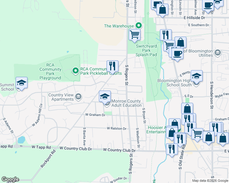 map of restaurants, bars, coffee shops, grocery stores, and more near 2304 South Rogers Street in Bloomington