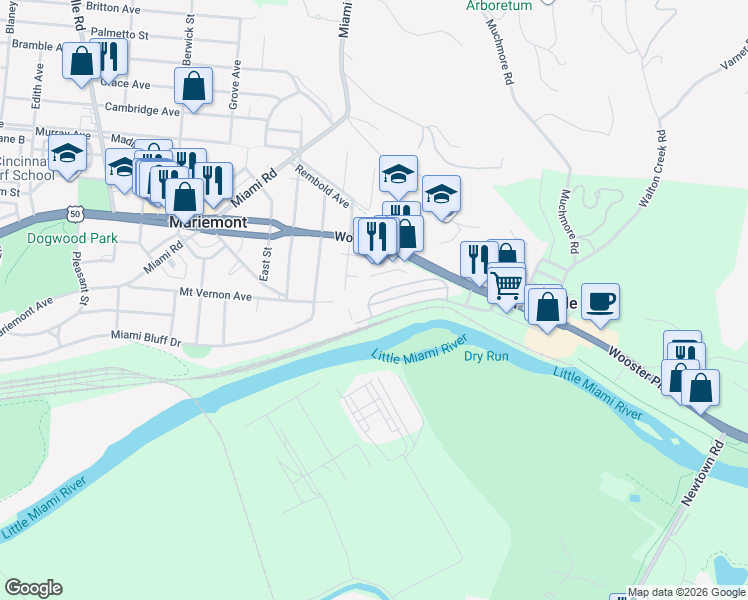 map of restaurants, bars, coffee shops, grocery stores, and more near 7215 Mariemont Crescent in Cincinnati