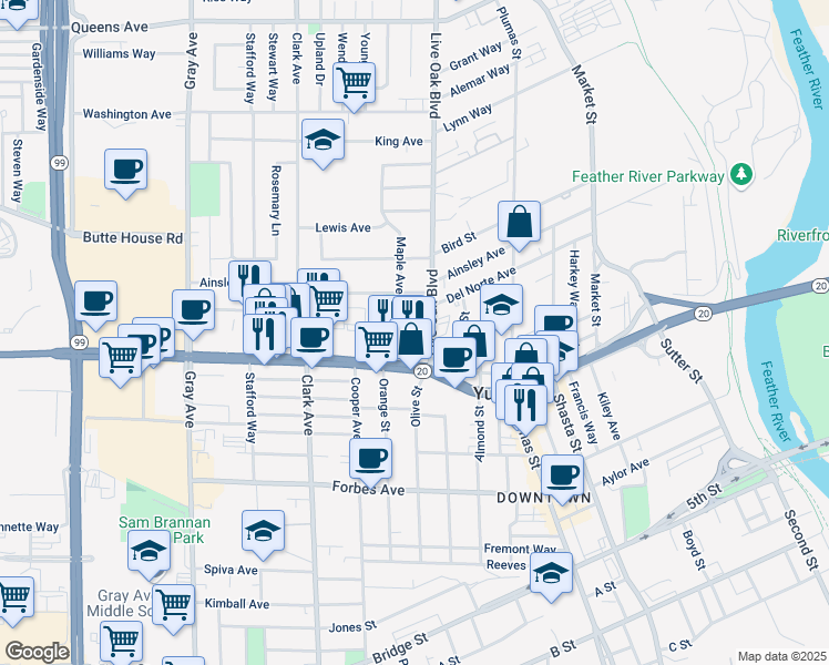 map of restaurants, bars, coffee shops, grocery stores, and more near 944 Live Oak Boulevard in Yuba City