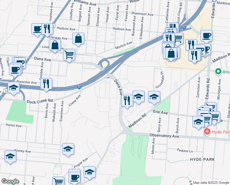 map of restaurants, bars, coffee shops, grocery stores, and more near 3553 Larkspur Avenue in Cincinnati