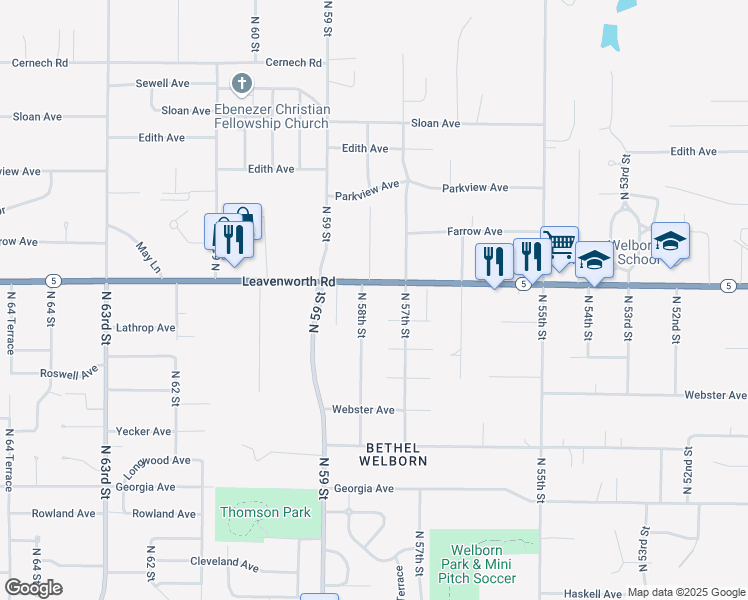 map of restaurants, bars, coffee shops, grocery stores, and more near 3021 North 58th Street in Kansas City