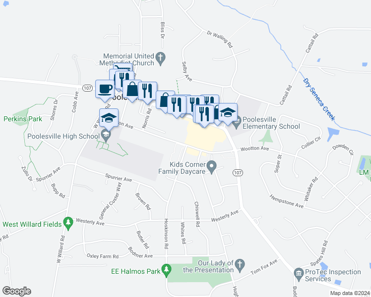 map of restaurants, bars, coffee shops, grocery stores, and more near 17521 Hoskinson Road in Poolesville